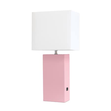 21 Leather Base Table Lamp With USB Charging Port , White Rectangular Shade, Pink